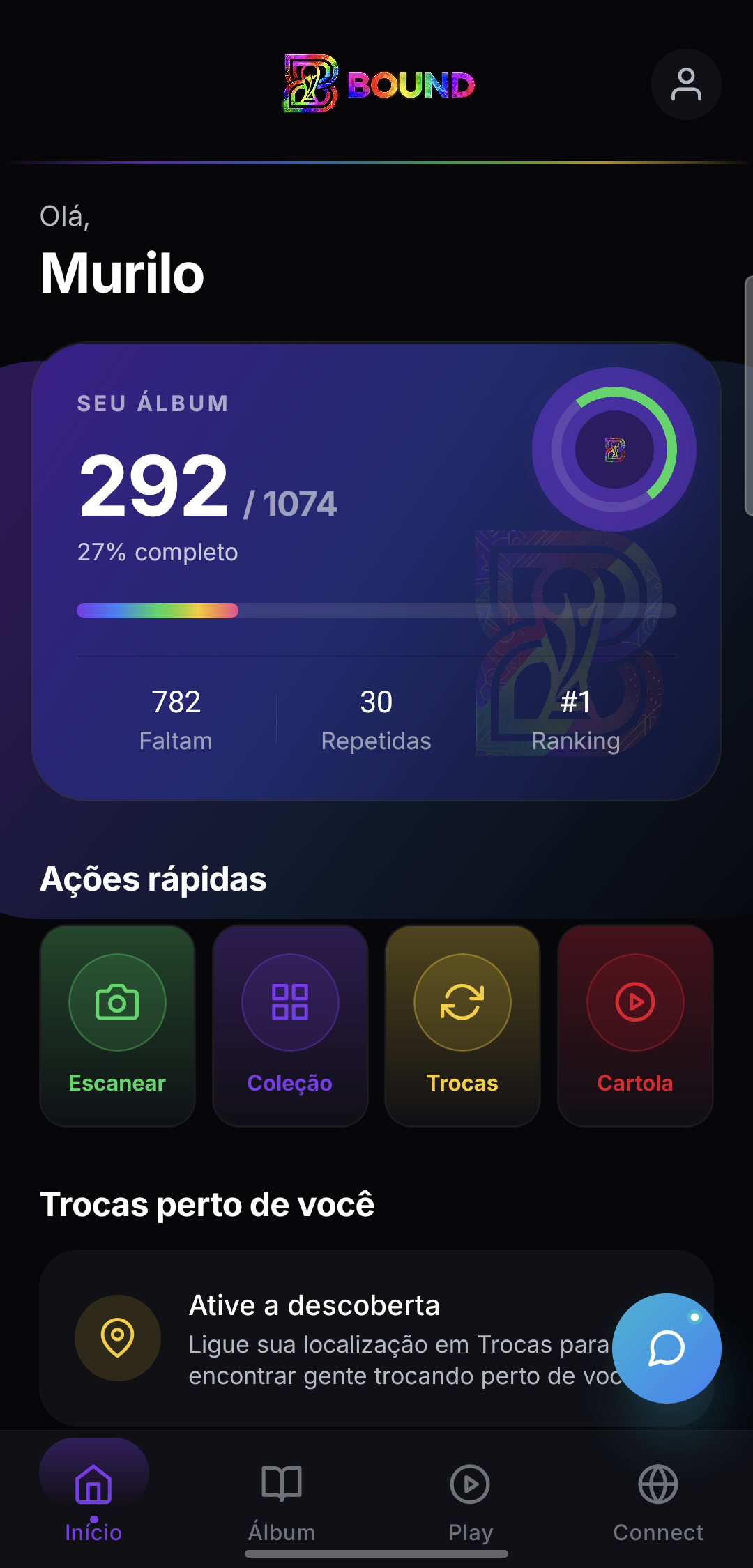 Tela inicial do app BOUND mostrando o progresso do álbum